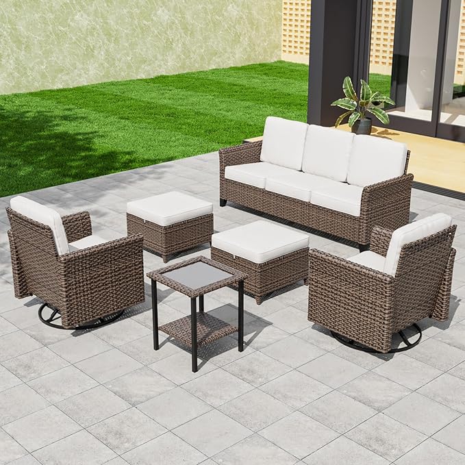 COOS BAY Harbor Retreat 6 Piece Outdoor Furniture Set, Patio Conversation Set with Swivel Rocking Chairs, 3 Seat Couch, Side Table and Ottomans, Wicker Furniture, Brown/Beige