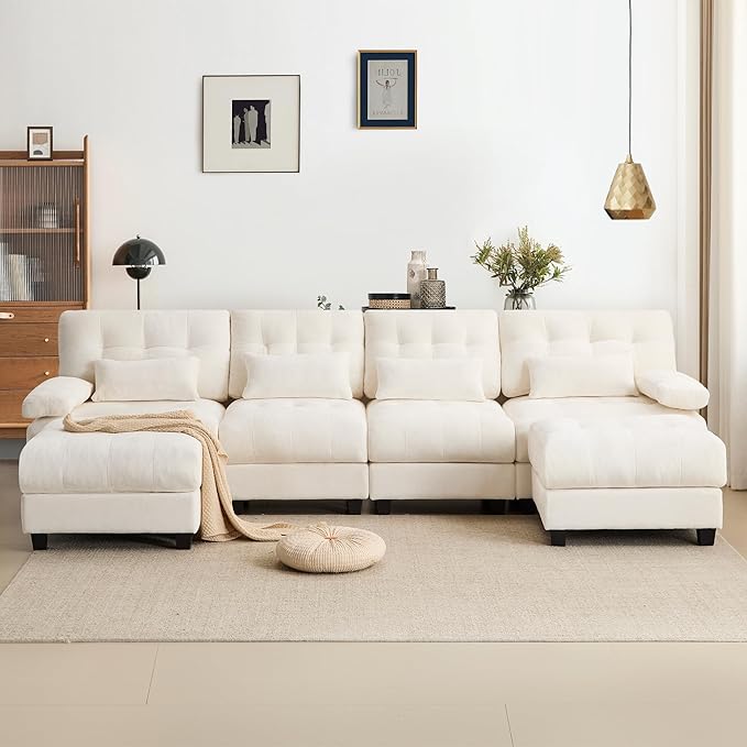 GRAINLLE 119'' Modular Sectional Cloud Couch with 2 Ottoman,Deep Seat Sleeper Sofa U Shaped Sectional Couch,Convertible Upholstered Comfy Chenille Sectional Sofa for Living Room,Bedroom(Ivory)