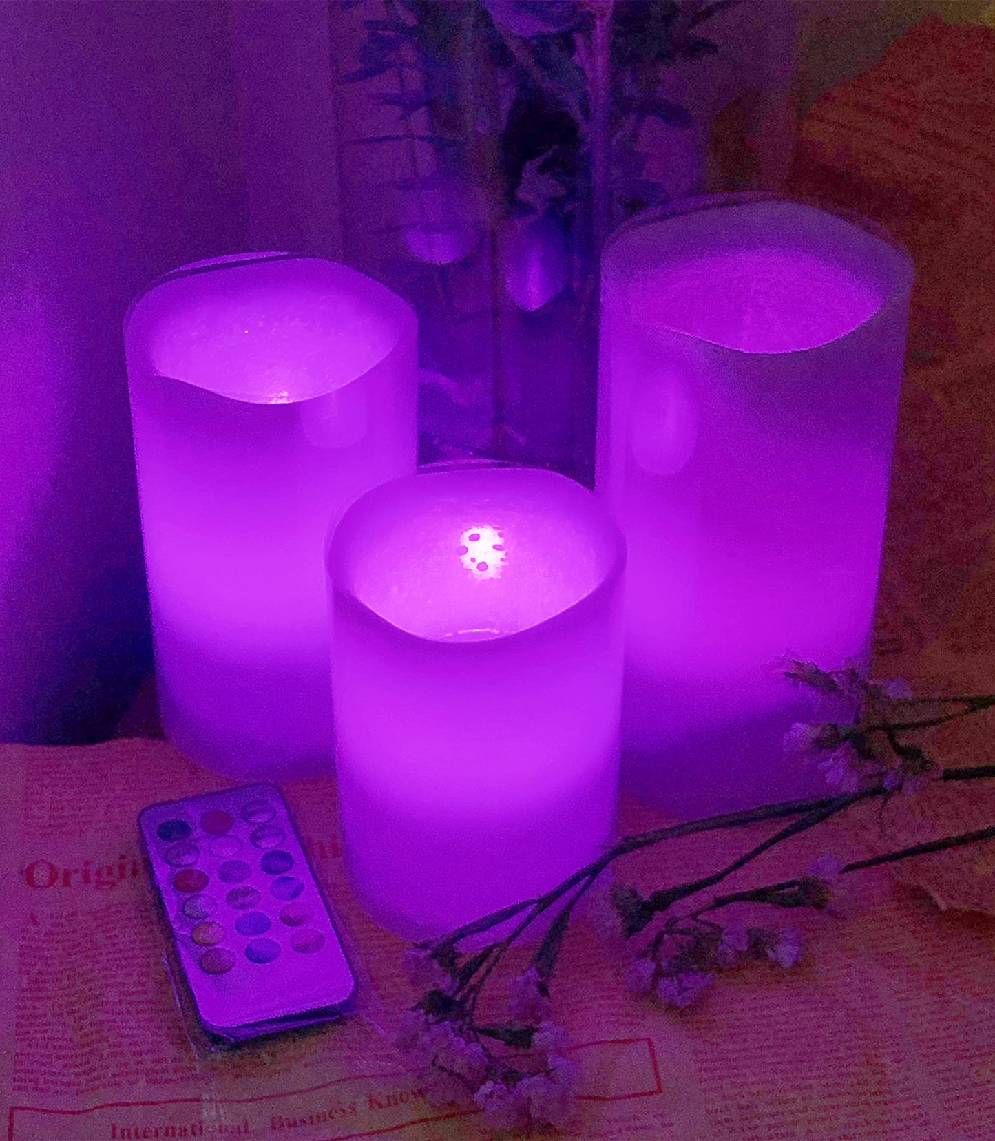 Adoria Purple Flameless Candles Set 3- Real Wax Pillar Candles Battery For Color Changing/Flickering/Night Light/Timer-Lavender