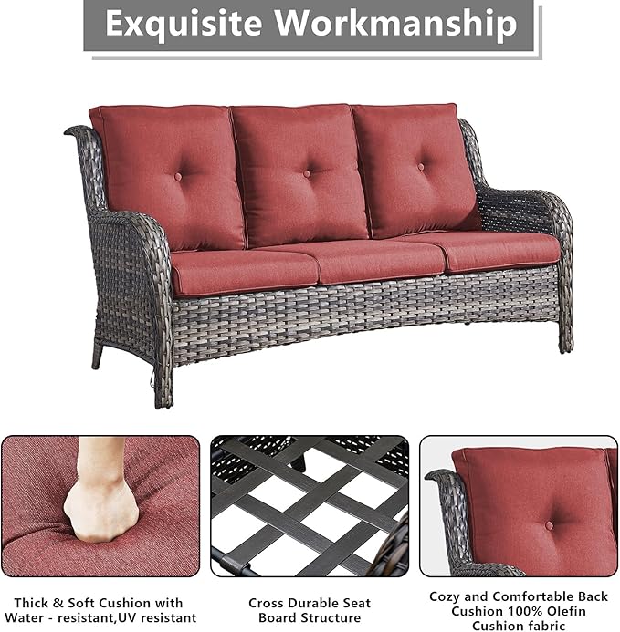 Rilyson Wicker Patio Furniture Set - 5 Piece Rattan Outdoor Sectional Conversation Sets with 2 Rocking Swivel Chairs,2 Ottomans and 1 Sofa for Porch Deck Garden(Mixed Grey/Red)