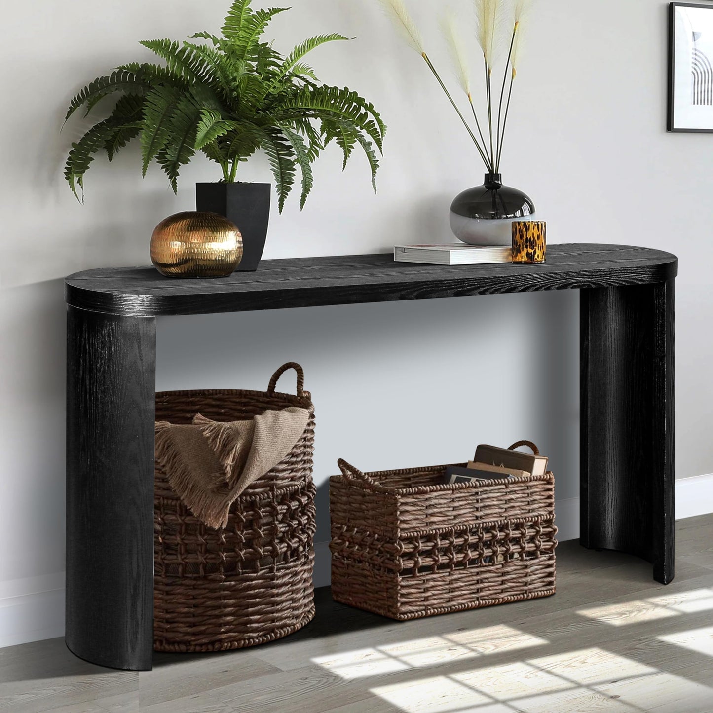 YOPENG Console Table for Entryway, 60" Farmhouse Long Curved Sofa Table Behind Couch, Modern Wooden Entryway Table Foyer Display Table, Narrow Black Tables for Living Room Hallway Entrance Corridor