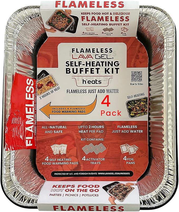 Lava Gel Self-Heating Buffet Kit – Flameless Food Warmer Set for Parties – Includes 4 Trays, 4 Half-Size Heat Pads & Foil ...