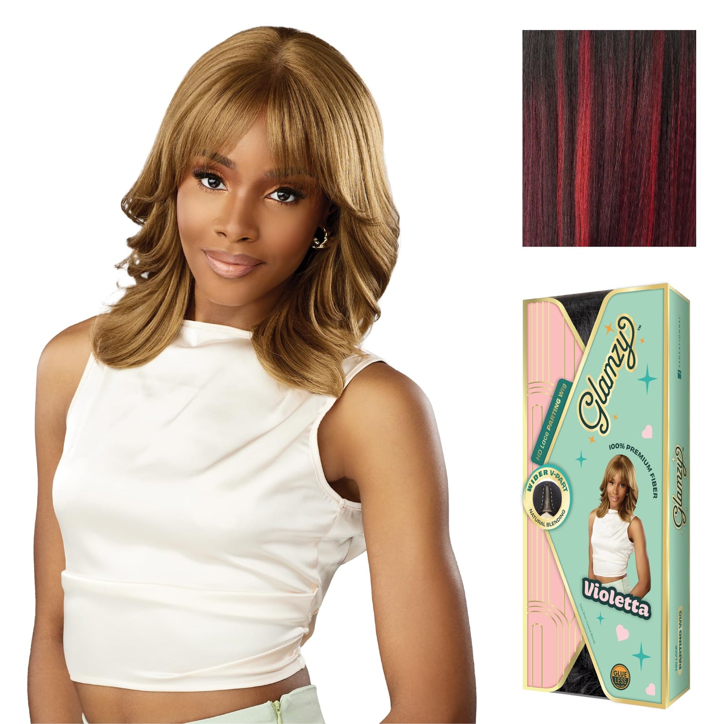 Sensationnel Glamzy Lace Part Wigs - Violetta Glueless Hand Tied Wider V Parting Synthetic Hair (BALAYAGEFIERYRED)