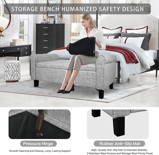 Babion Storage Bench for Bedroom, Button Linen Fabric, 51Inch, End of Bed Storage, Upholstered Rolled Arm Window Seat with Solid Wood Legs, Light Grey