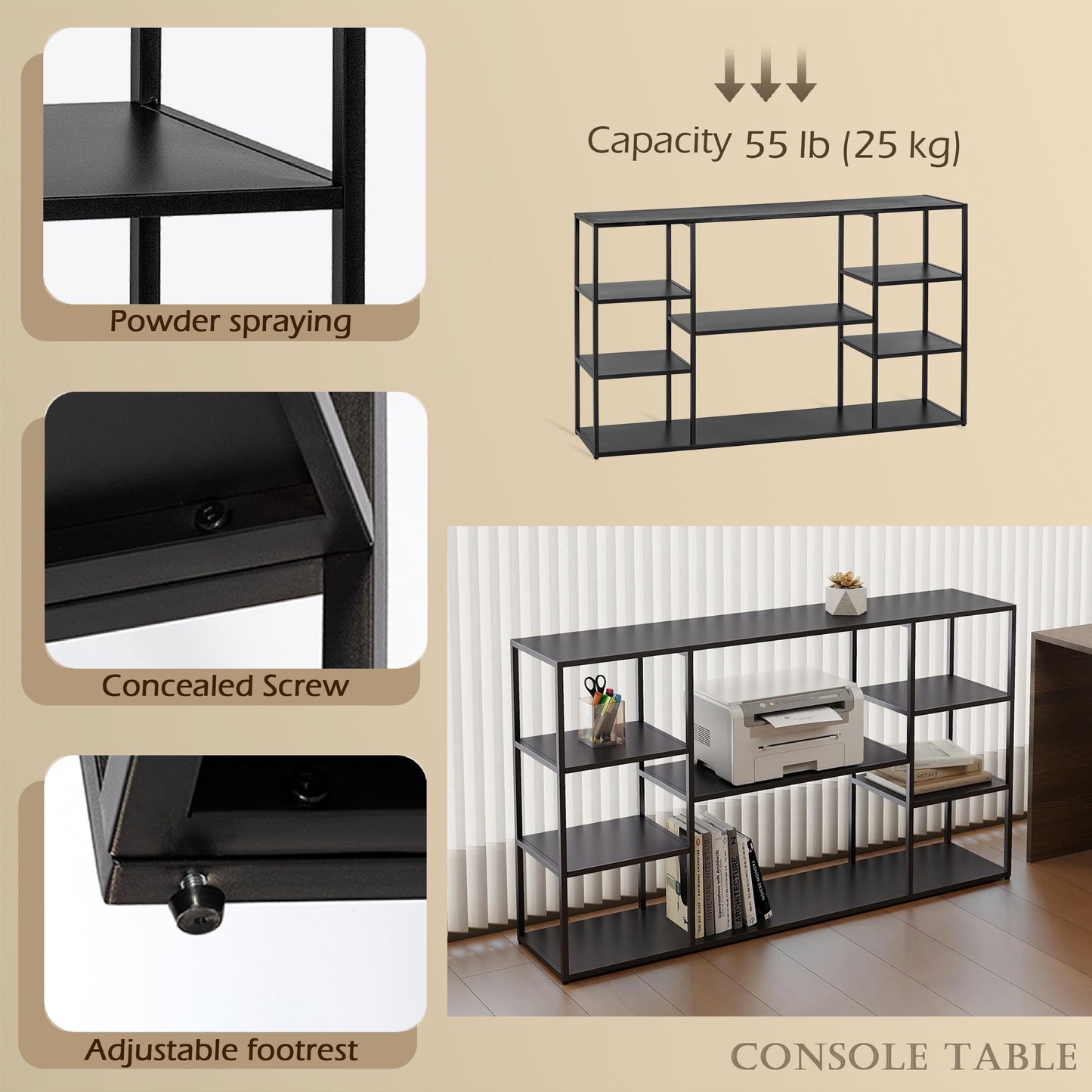 Leinade 55 Inch Metal Console Table with 8 Storage Shelves,Extra Long Entryway Table,Narrow Sofa Table,Hallway Table for Entrances to Corridor, Foyer,Living Room (Black, 55.12×11.81×31.5in)