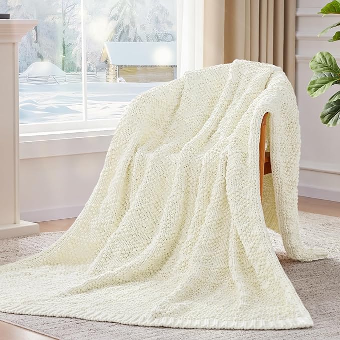 Knitted Weighted Blanket for Adult, Chunky Knit Weighted Throw for Sleep 50"*60" 10lbs, Cooling Breathable Heavy Blanket for Hot Sleepers, Machine Washable Blanket for Room Decor(Ivory White)