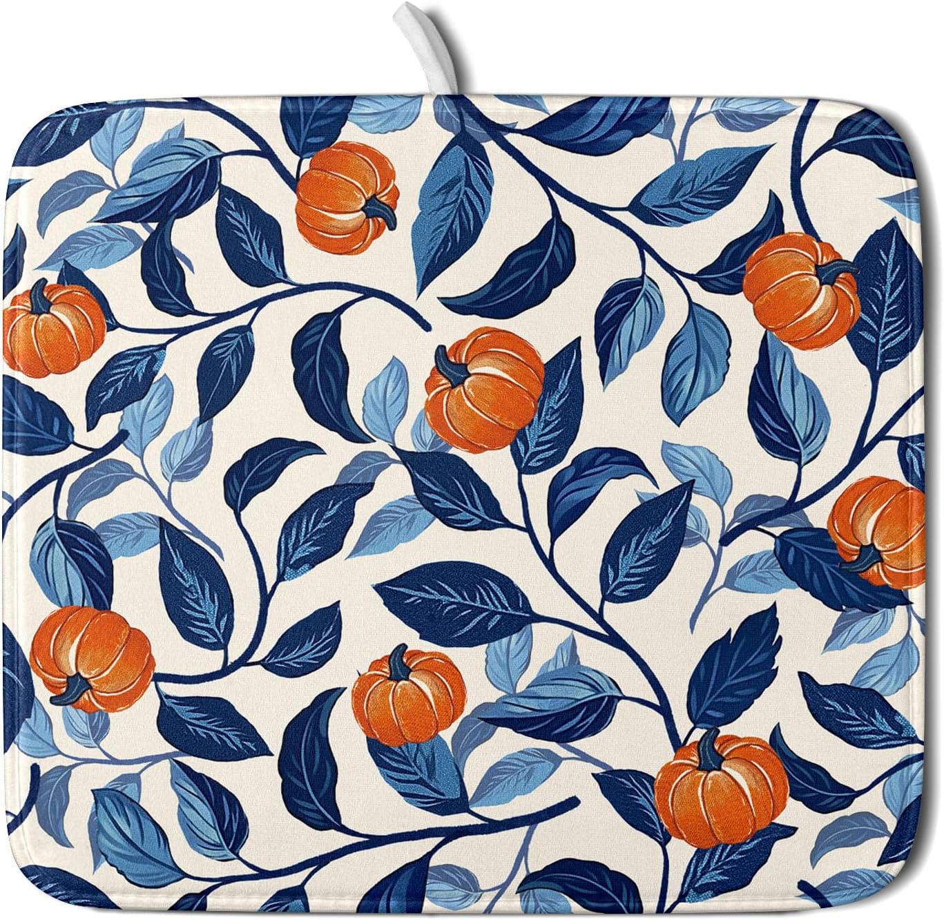Autumn Pumpkin Dish Drying Mat for Kitchen Counter 16x18 Inch Blue and Orange Fall Thanksgiving Leaf Absorbent Reversible Microfiber Dish Drainer Rack Mats Countertops Protector Mat