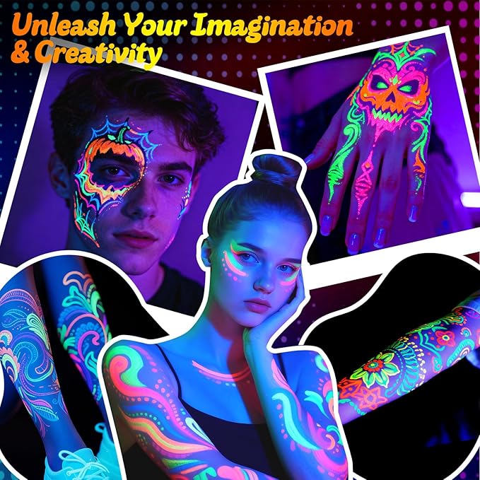 UV Neon Face Paint Markers 12 Colors, Glow in the Dark Body Paint under Black Light, Washable Temporary Tattoo Markers for Christmas Gifts Stocking Stuffers Glow Party Favors Halloween Makeup