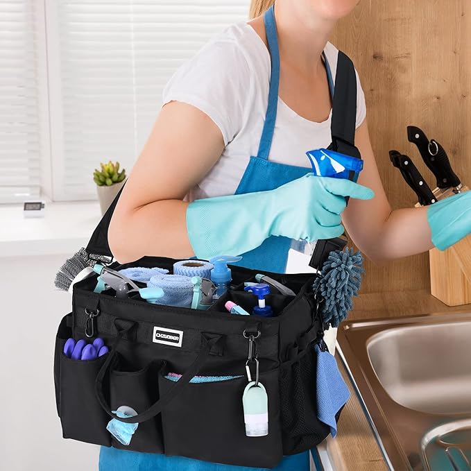 Large Cleaning Caddy Organizer with Handle, Sponge Shoulder Strap Cleaning Supplies Organizer with Foldable Dividers Zipper Pocket for Cleaners Housekeepers