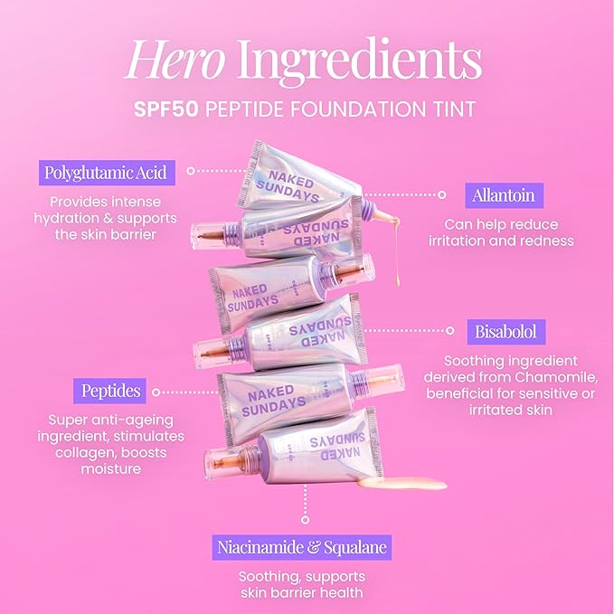 Naked Sundays BeautyScreen™ SPF 50 Mineral Peptide Foundation Tint – 2-in-1 Skin Tint & Mineral Sunscreen | Radiant, Buildable Coverage, Acne-Safe, Infused with Peptides (6 Tan Caramel, 1.01 oz)