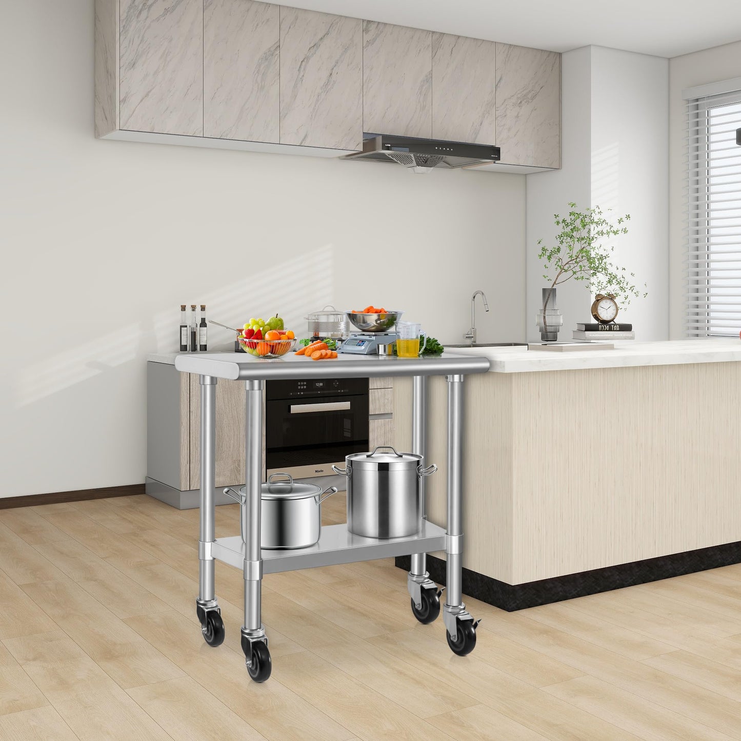HARDURA Stainless Steel Commercial Table Prep & Work Table with Casters Heavy Duty Metal Table with Wheels NSF 430 18×36 Inches