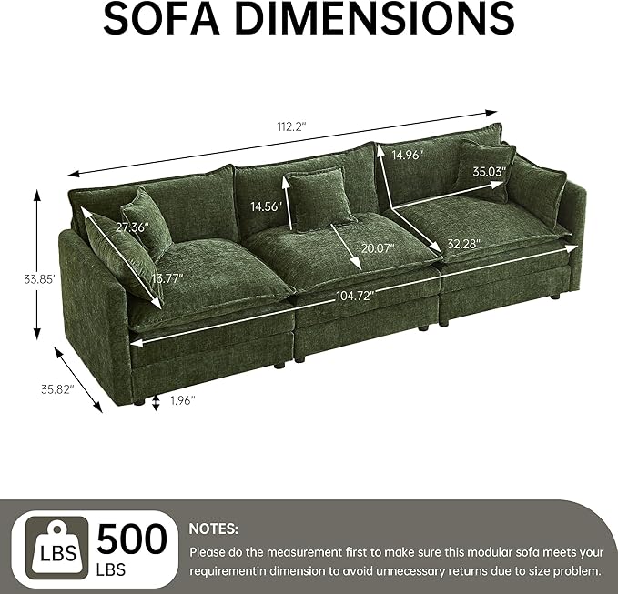 saows Modular Sectional Sofa, 112.2 Inch Rectangle Shaped Couch Set with Armrests, 3-Seater Comfy Cloud Couches for Living Room Apartment, Green