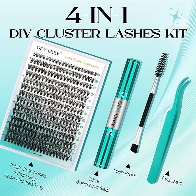GEMERRY Eyelash Extension Kit Thick Curl Fluffy Clusters Kit With Lash Bond and Seal, Tweezers, DIY Lash Extension (80P-10-18mm)