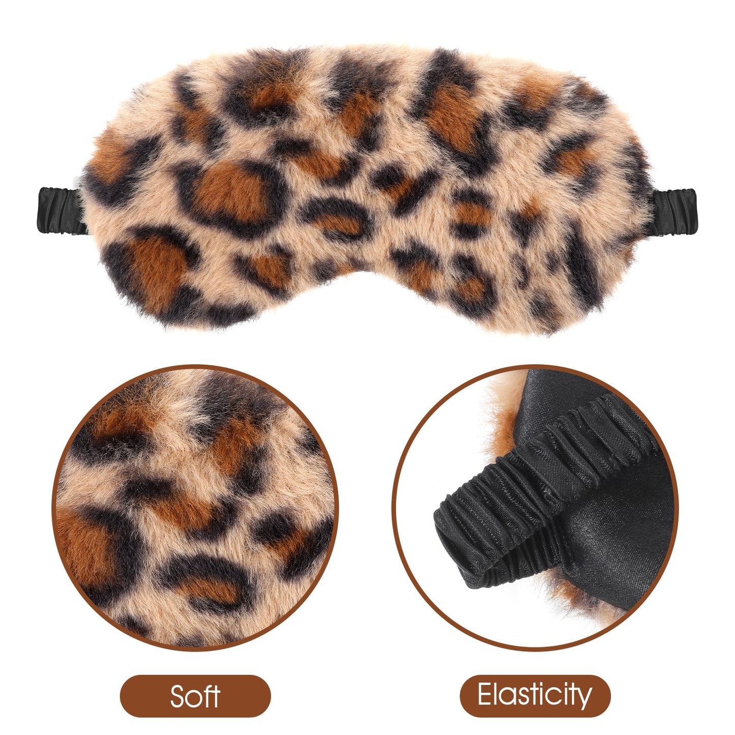 2 Pcs Plush Leopard Eye Mask Soft Sleeping Blindfold Eye Cover Comfortable Furry Faux Fur Sleeping Mask Satin Nap Night Eyeshade Cover for Women Men Gift (Brown, Coffee)