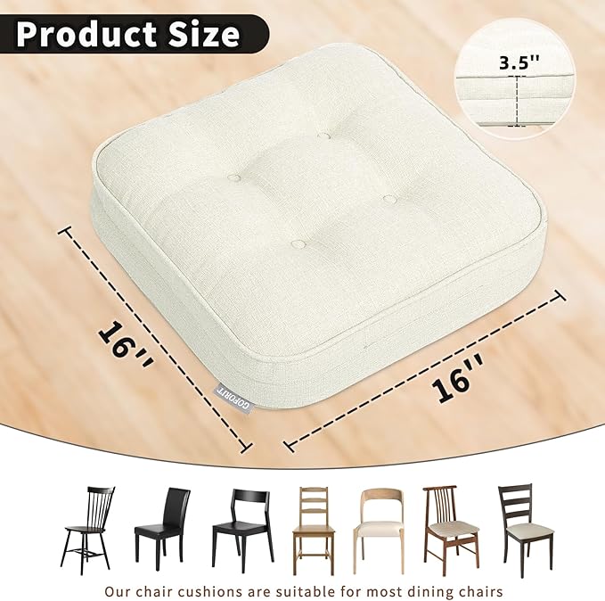 GOFORIT Memory Foam Cushion，Square Seat Cushions for Dining Chairs,Non-Slip Chair Pads with Removable Cover, 16'' x 16'', 2 Pack,Off White
