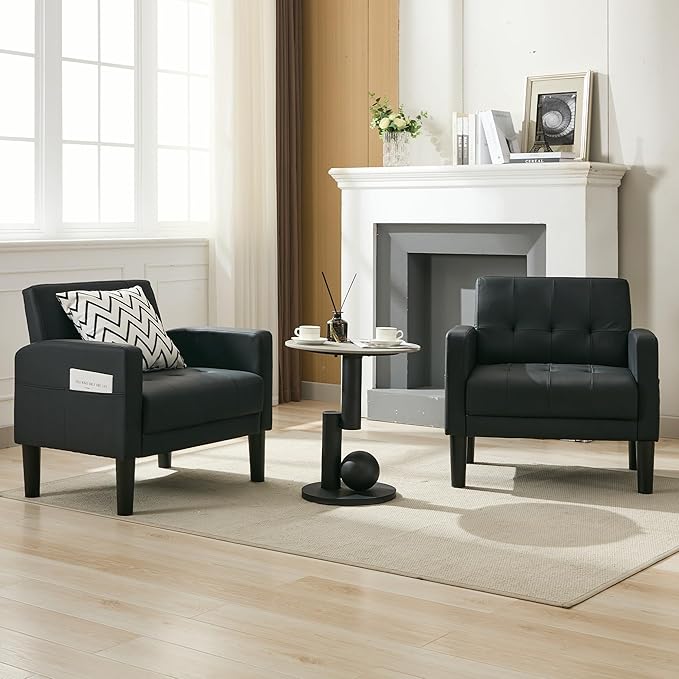 TYBOATLE Accent Chair Set of 2 Living Room Chairs Cozy Tufted Mid Century Modern Black Accent Chairs with Arms for Bedroom Comfy Reading Arm Chair Small Chairs for Small Spaces Office(2, Black)