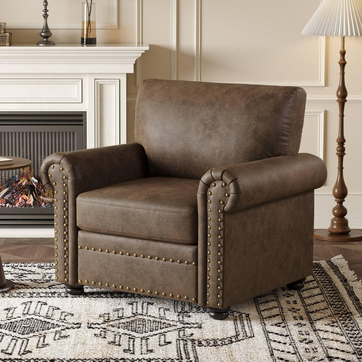 ONBRILL Faux Leather Accent Chair, Nailhead Trim Armchair for Living Room, Rolled Arms Single Sofa Chair, Springs Cushions, Solid Wood Legs, Comfy Upholstered Club Chair for Bedroom, Apartment, Brown