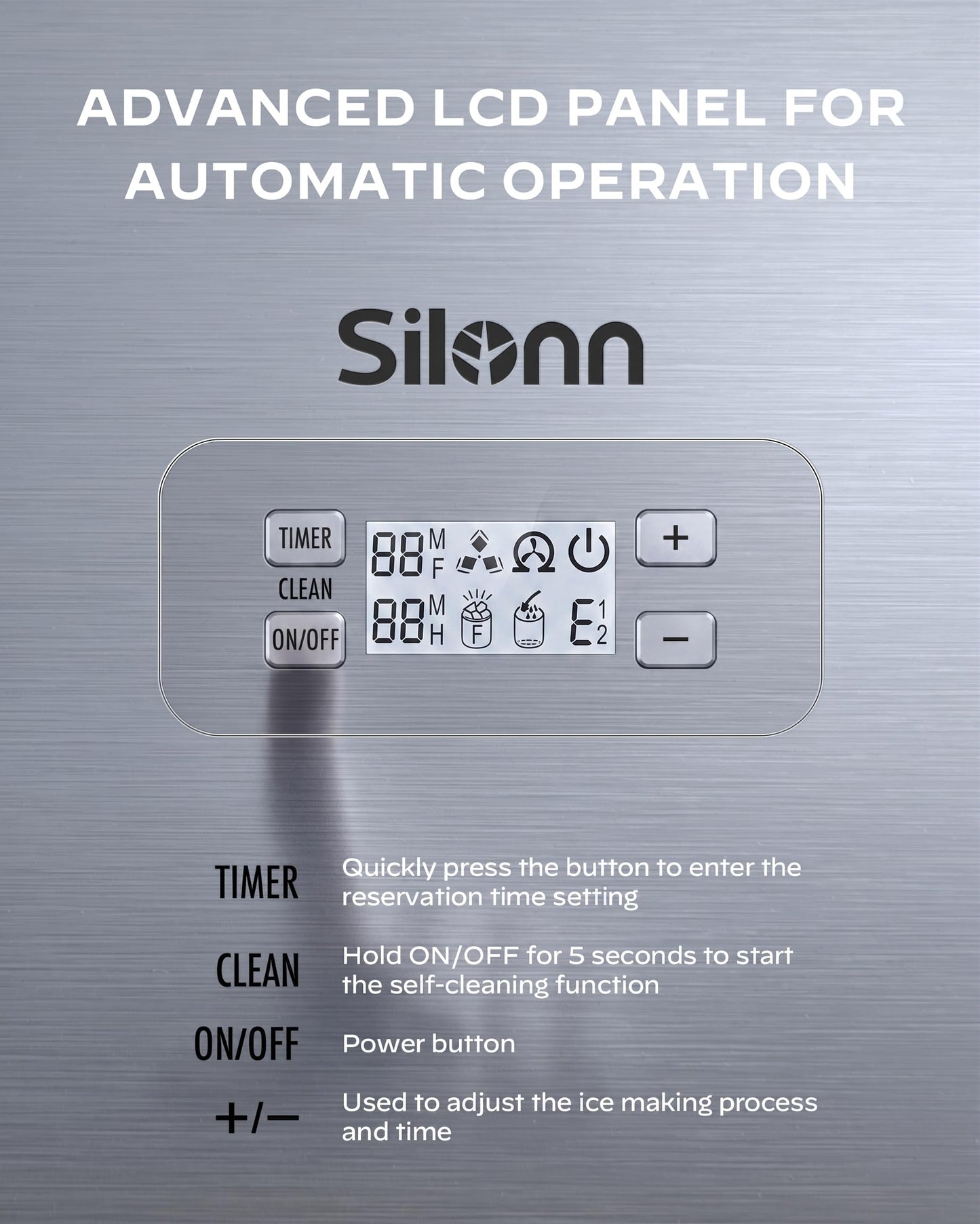 Silonn Commercial Ice Maker Machine, 100lbs Daily Output & 33lbs Storage, Compact Stainless Steel Ice Machine with Auto-Cleaning for Home Office Bar Parties