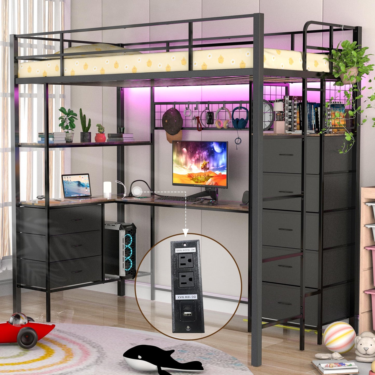 SAHISTCT Twin Size Loft Bed with Desk, LED Lights, Charging Station, Industrial Loft Bed Frame with 3 Storage Shelves and 8 Fabric Drawers, Safety Guard & Ladder,LED Metal Twin Size Bunk Bed