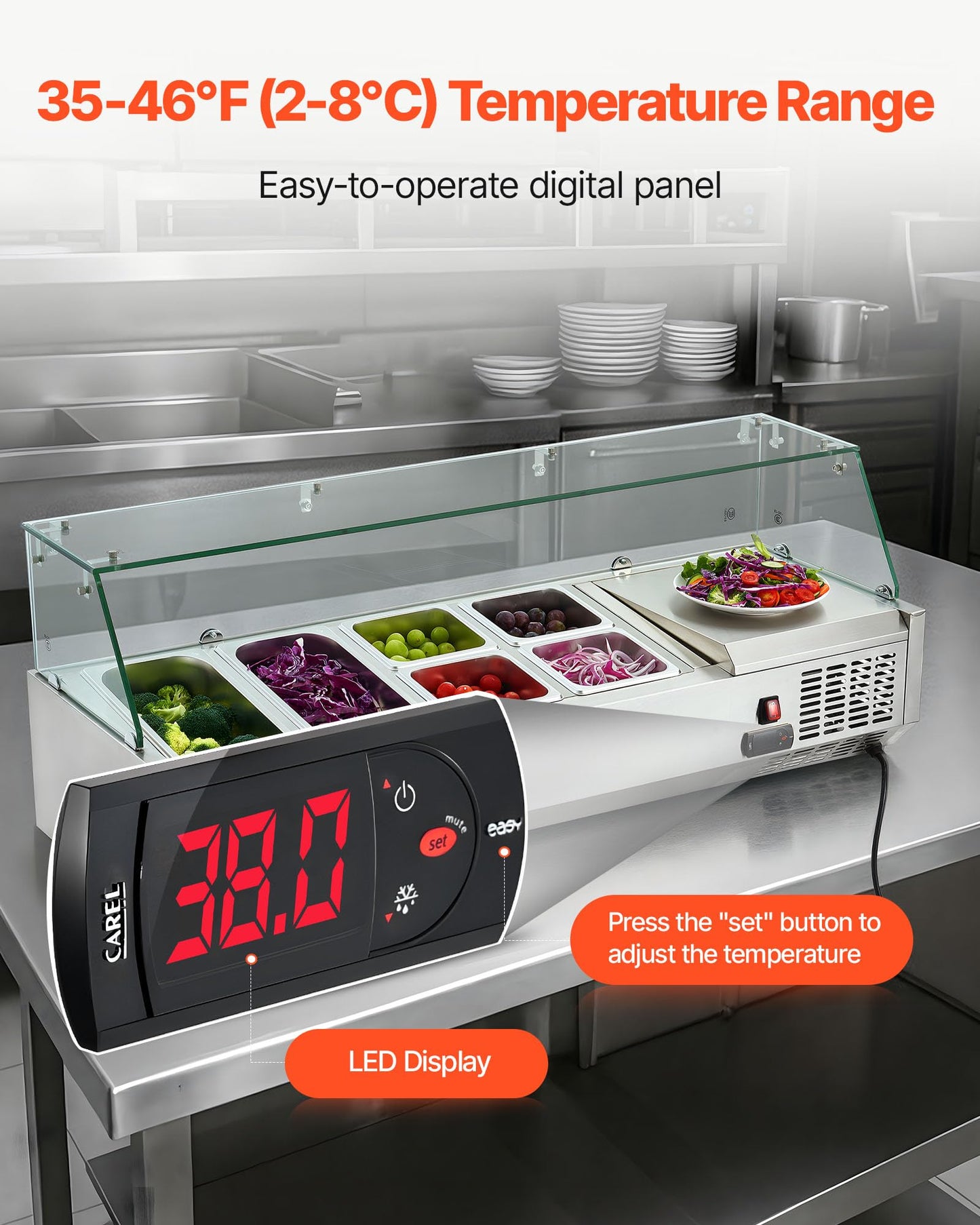 VEVOR Refrigerated Condiment Prep Station, 130 W Countertop Refrigerated Condiment Station, with Two 1/3 Pans & Four 1/6 Pans, 304 Stainless Body and PC Lid, Sandwich Prep Table with Glass Guard