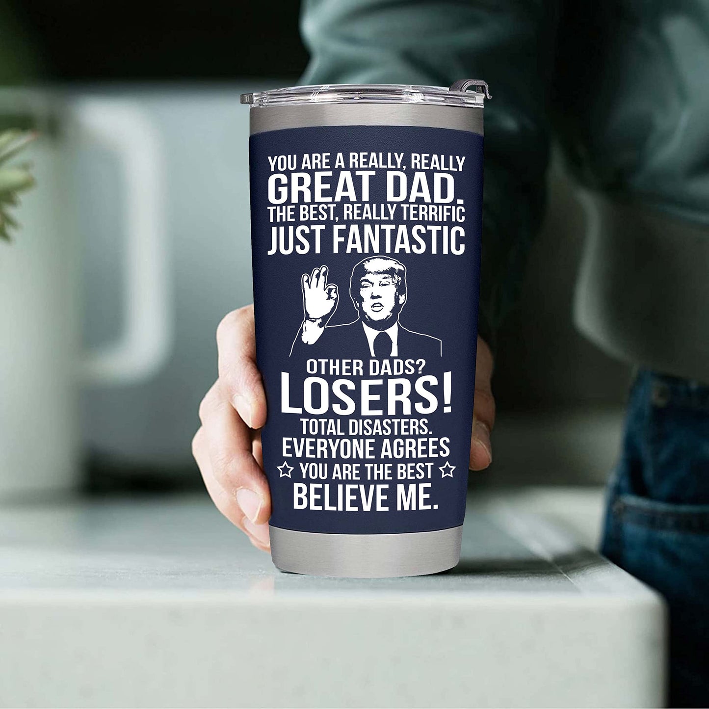 BETHEGIFT Gifts for Dad from Daughter, Son, Kids on Fathers Day, Christmas - Funny Fathers Day Tumbler - Present for Father - Dad Birthday Tumbler 20oz, Navy Insulated Stainless Steel