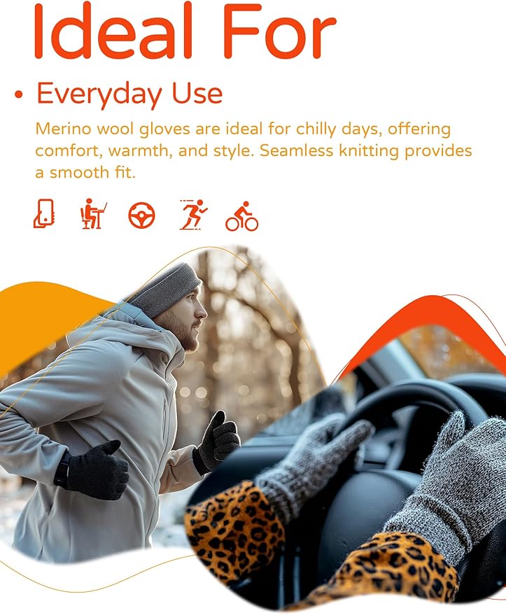 Merino Wool Gloves for Women Men, Touch Screen Warm Glove Liners Thermal Soft Knit Lining for Winter Running Hiking