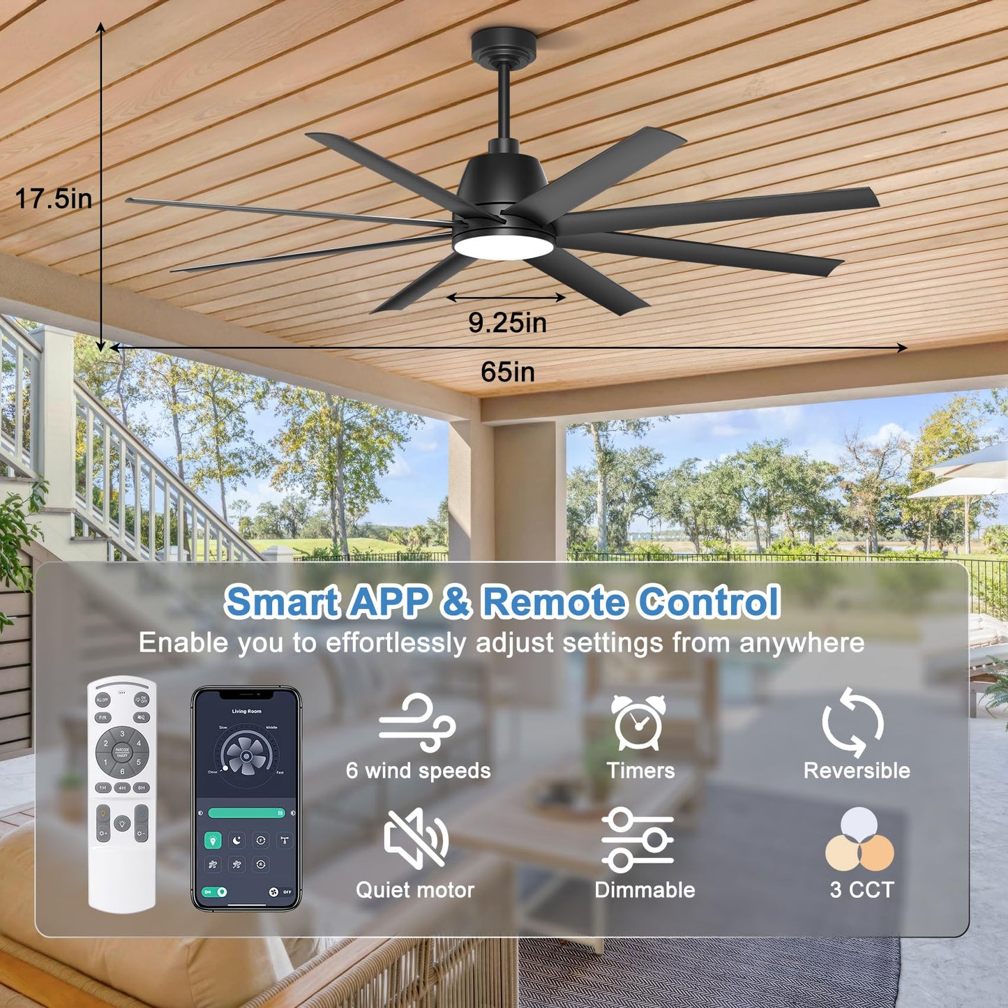 Phylluz Ceiling Fan With Lights, 65 Outdoor Ceiling Fan With Remote & App Control, Dimmable, Black Modern Ceiling Fans For Pat