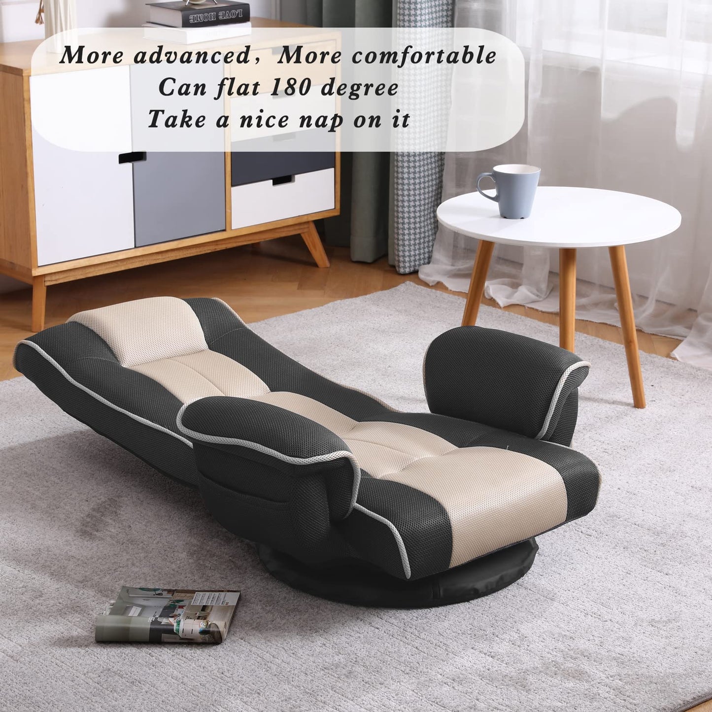 FLOGUOR 360 Swivel Gaming Floor Chair with Armrest Multi-Angle Folding Floor Chair Padded Backrest Lazy Sofa Lounge Chair for Living Room, Home Office QL201W-US-GR