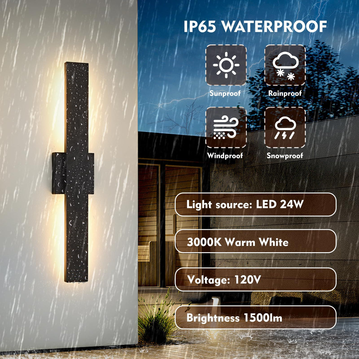 SIONLOM 23.6inch Long Outdoor Modern LED Wall Light,24W Waterproof IP65 Warm White Led Wall Mount Lighting Fixture Black Outdoor Wall Sconces Outside Lights for House Garage Front Door Patio 2Pack