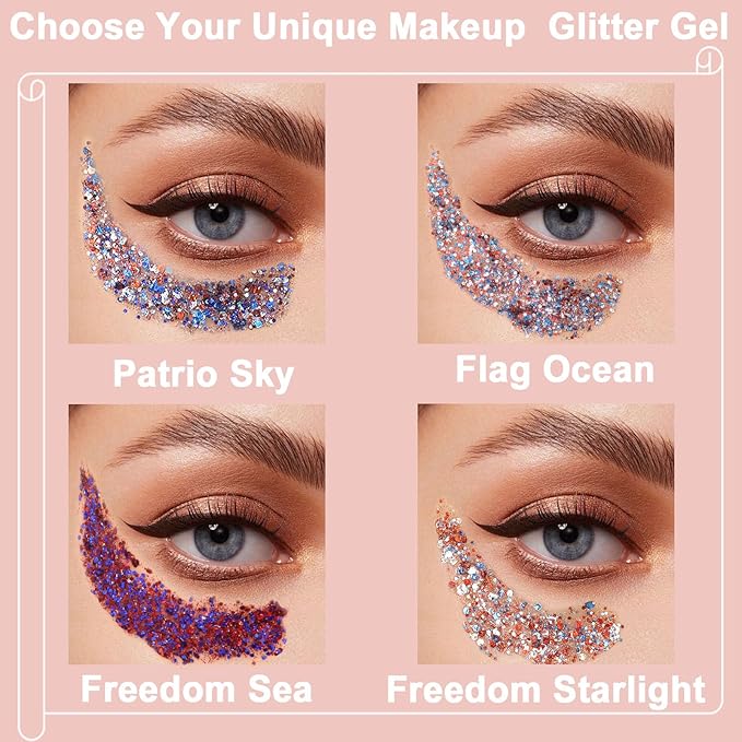 Boko 50ML Red White Blue Body Glitter Gel, 4th of July Chunky Glitter for Face Hair Body Pride Makeup, Patriotic Glitter for Independence Day Memorial Day Veterans Day Flag Party Rave Accessories