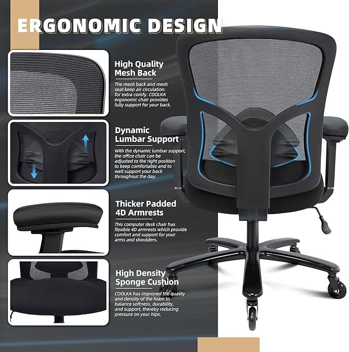 Big and Tall Office Chair 500lbs - Ergonomic Mesh Desk Chair, Heavy Duty Computer Chair-Wide Thick Seat Cushion, Adjustable Lumbar Support, Metal Base, Rubber Wheels, 4D Armrests, Black