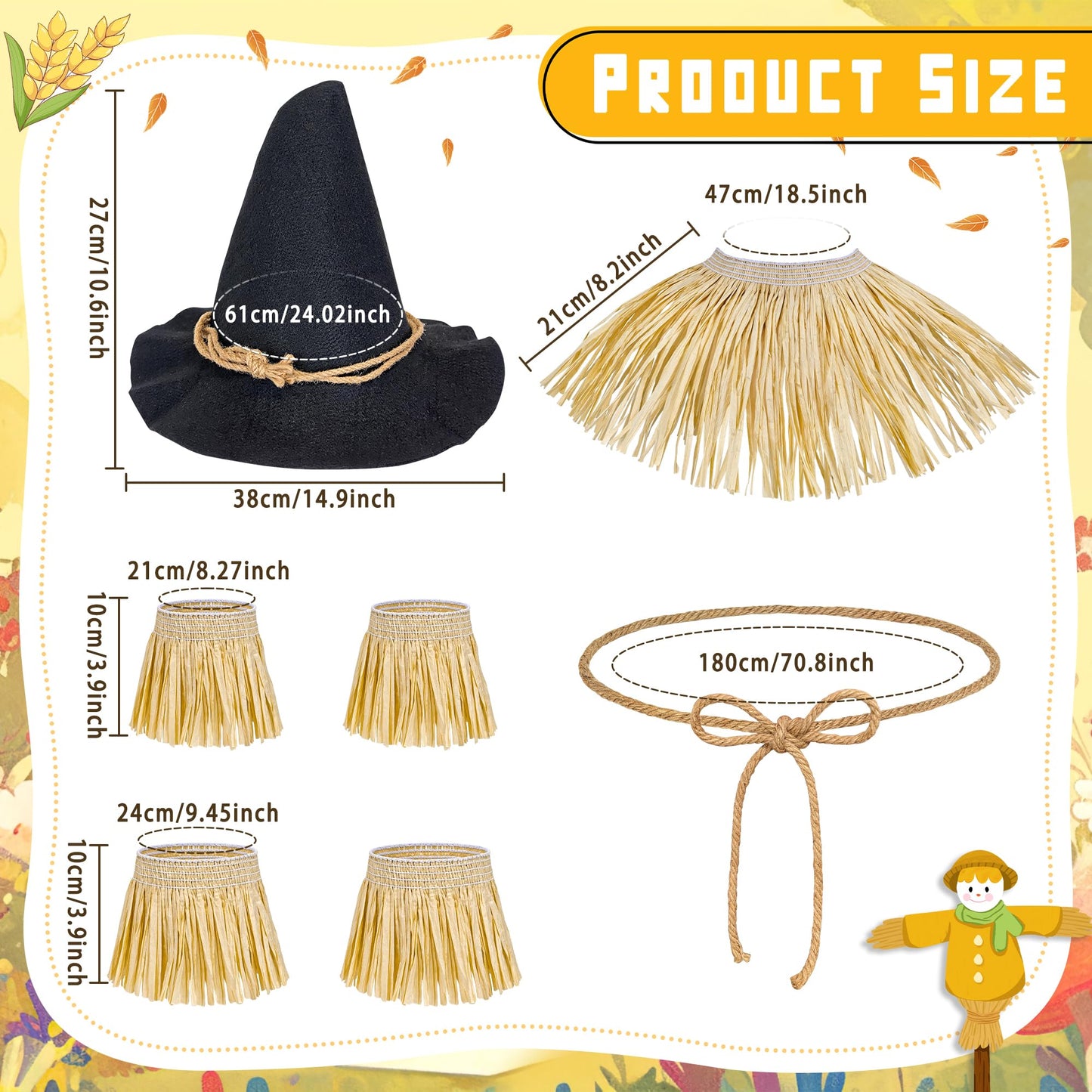 Horolam 7PCS Scarecrow Costume Accessories, Wizard Scarecrow Costume with Hat for Adult Women Men for Holloween Cosplay Dress Up