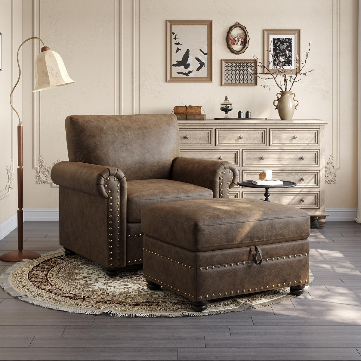 ONBRILL Faux Leather Accent Chair, Nailhead Trim Armchair for Living Room, Rolled Arms Single Sofa Chair, Springs Cushions, Solid Wood Legs, Comfy Upholstered Club Chair for Bedroom, Apartment, Brown