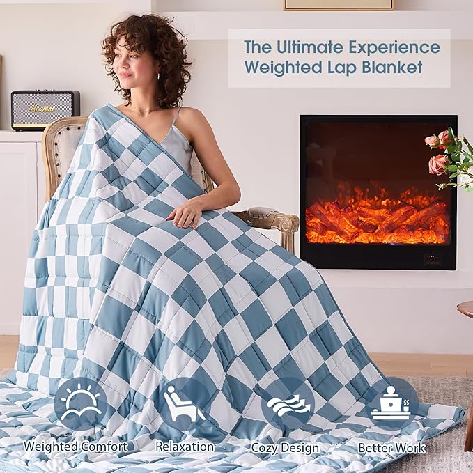 Blue Checkered Weighted Blanket for Adults 15lbs, 48"x72", Twin Full Size Cooling Plaid Heavy Throw Blanket for 120-160lbs, Microfiber Soft Thick Big Blankets Weighted Comforter Gift for Sleeping
