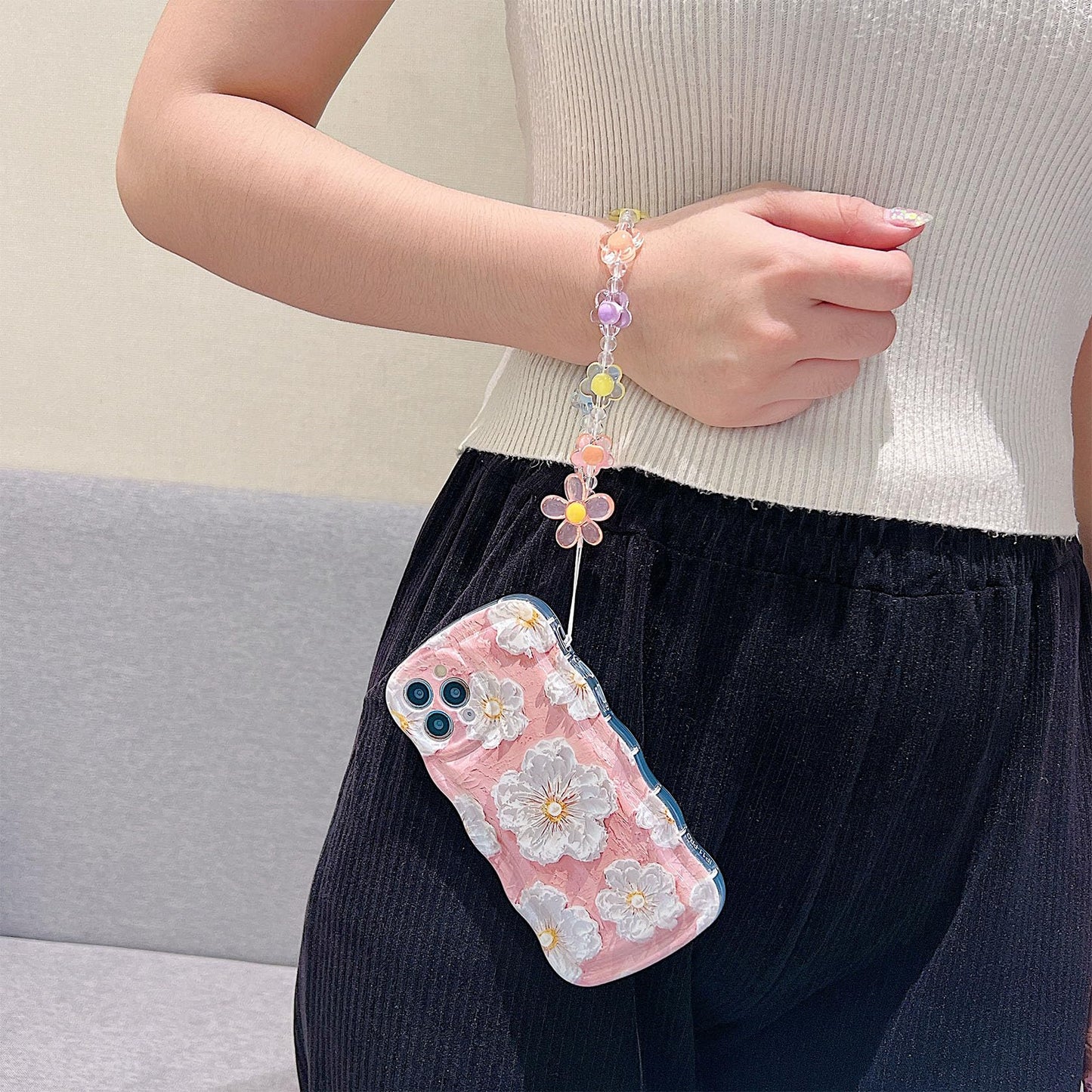 For Iphone 11 Pro Curly Wavy Case, Cute Colorful Retro Oil Painting Flower Glossy Pattern [With Bead Chain], Slim Fit Shockproof