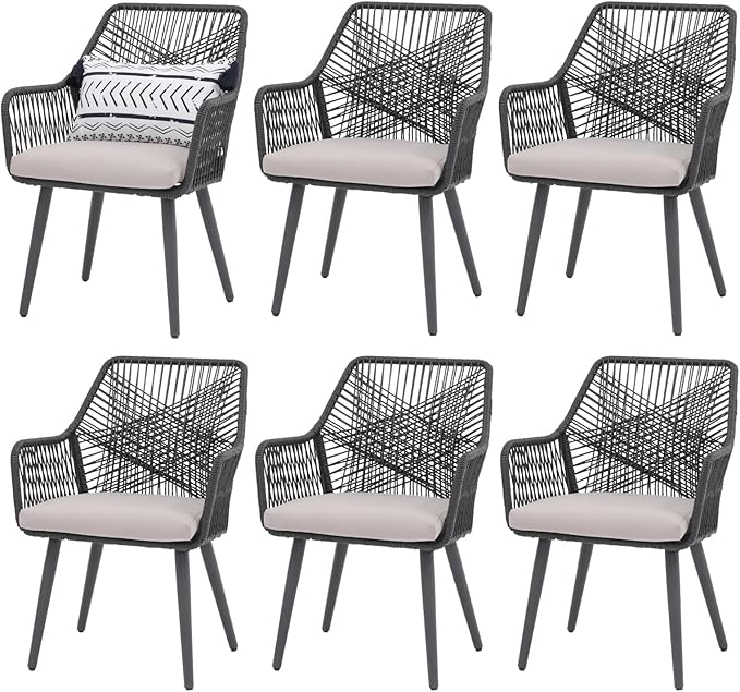 Patiorama Patio Dining Chair Set of 6, Woven Rope Outdoor Dining Chairs w/Steel Frame, All-Weather Twisted Rattan Chairs w/Armrest & Cushion, Outdoor Dining Wicker Chairs for Backyard Garden(Black)