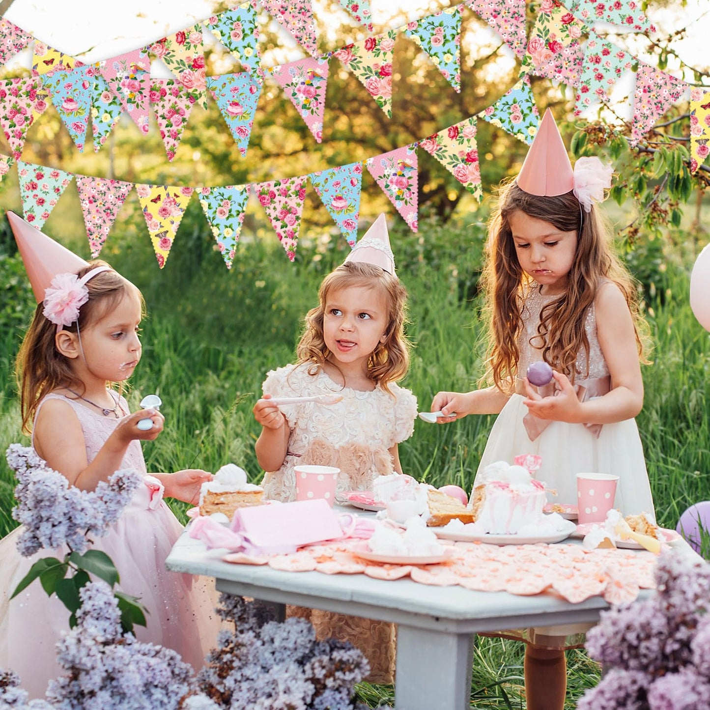 Faccito 49 ft 60 Pcs Tea Floral Party Paper Bunting Decor Outdoor Bunting Banner Floral Pennant Banner Tea Party Birthday Supplies for Wonderland Garden Baby Shower Bridal Wedding Bedroom