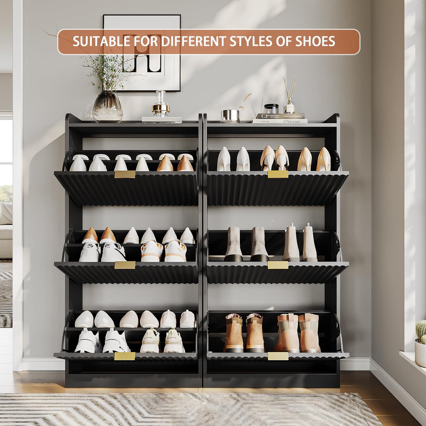 SINROM Fluted Shoe Cabinet with 3 Flip Drawers, Narrow Shoe Storage Cabinet for Entryway, Freestanding Shoes Rack Organizer Cabinets with Adjustable Shelves for Entryway, Hallway