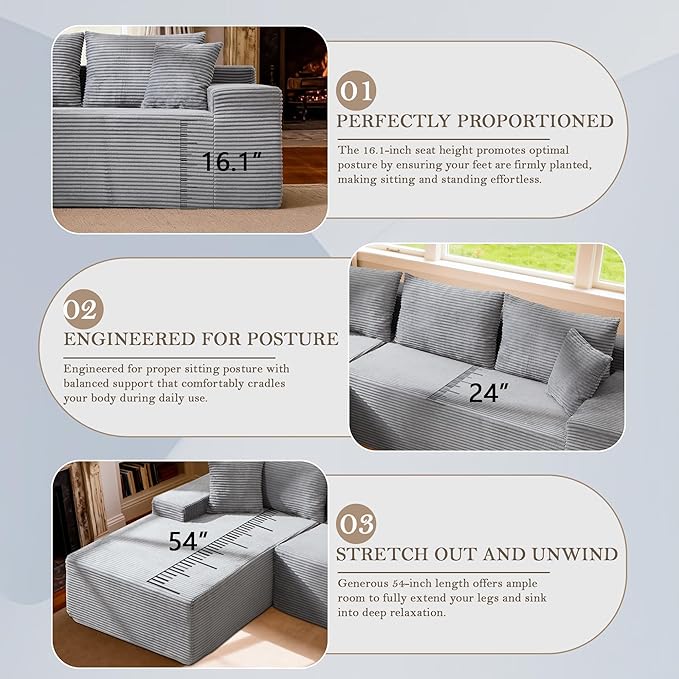 105’’ L-Shape Modular Sectional Sofa with Chaise, Convertible Cloud Couch, Corduroy Fabric & High-Density Memory Foam, No Assembly Required for Living Room (Grey, Left Facing Chaise)