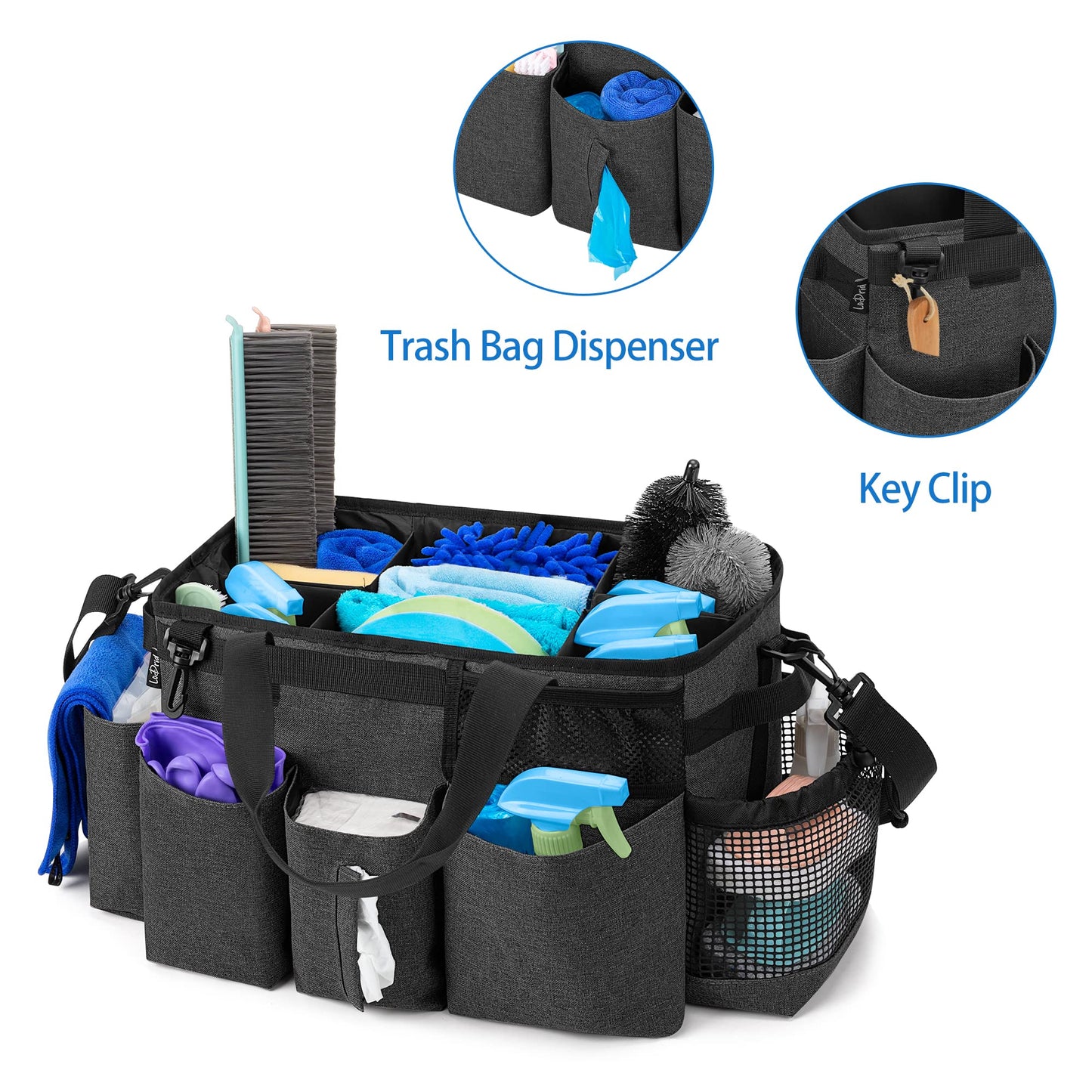 LoDrid Wearable Cleaning Caddy Bag with 4 Foldable Dividers, Cleaning Supply Organizer with Shoulder Strap and Side Handles for Cleaners & Housekeepers, Black