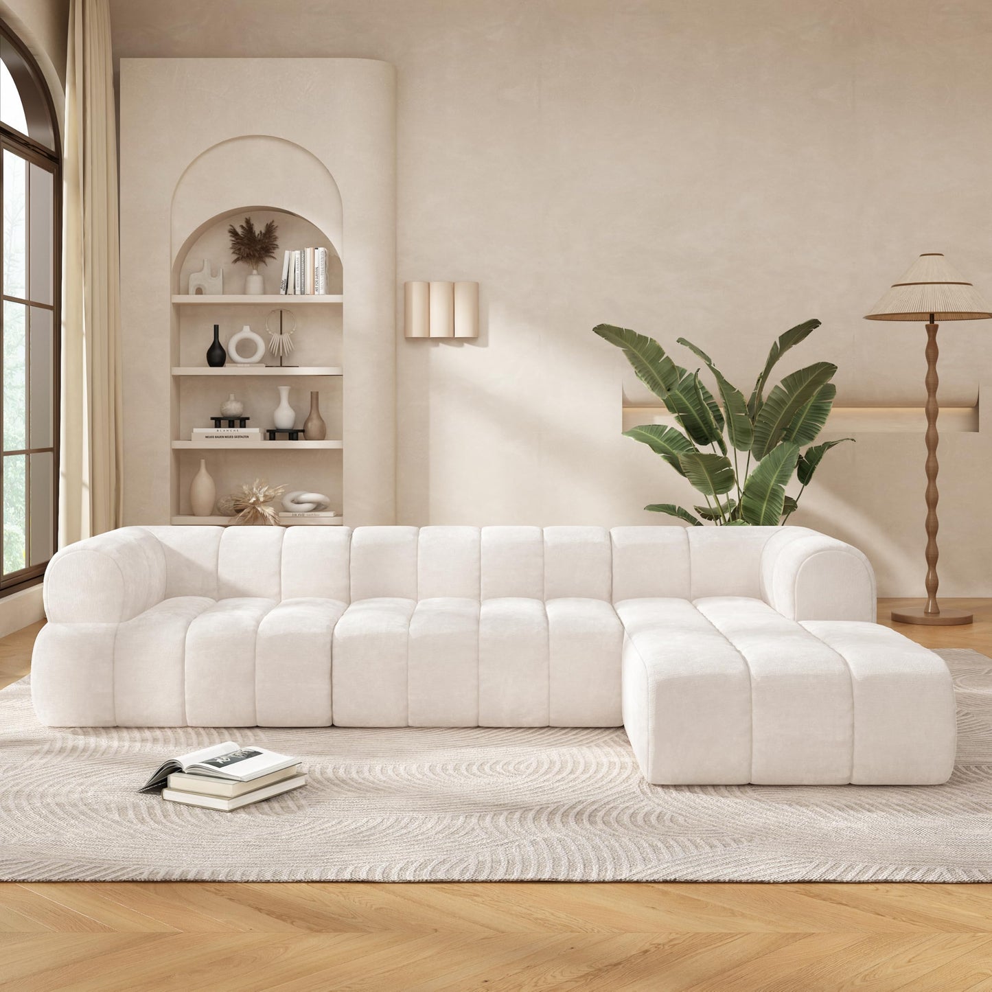 Christopher Knight Home Mania 122" Modular L-Shape Sofa Couch with Chaise Lounge, Modern Sectional Sofa Set for Living Room, Boucle Fabric Upholstered Cloud Couch with Deep Seat, Milky White