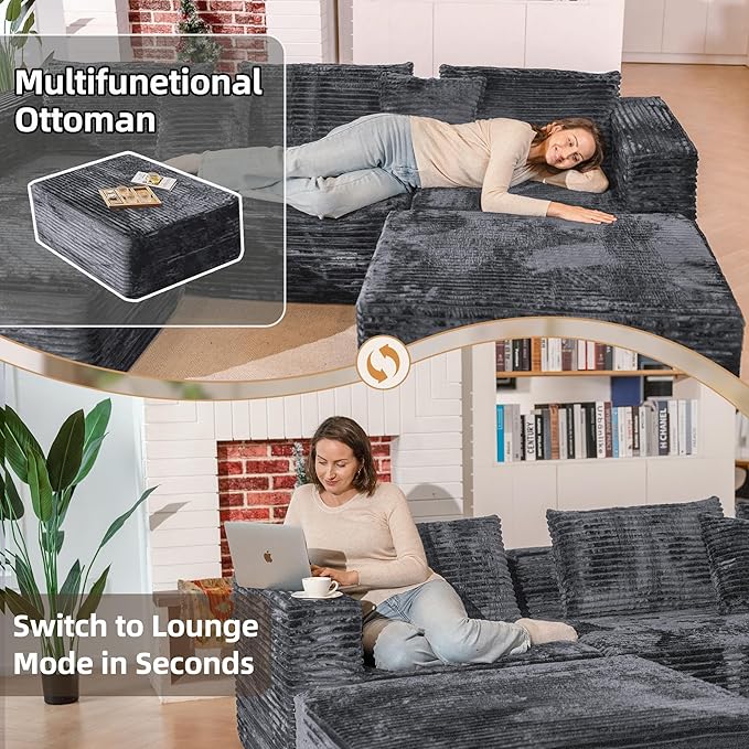 110 Modular Sectional Boneless Sofa with 2 Ottomans, Corduroy U-Shaped Modular Sectional Sofa, Convertible Cloud Couch with Deep Seats, No Assembly Required (Grey, 110" 3Seat+2 0ttoman)
