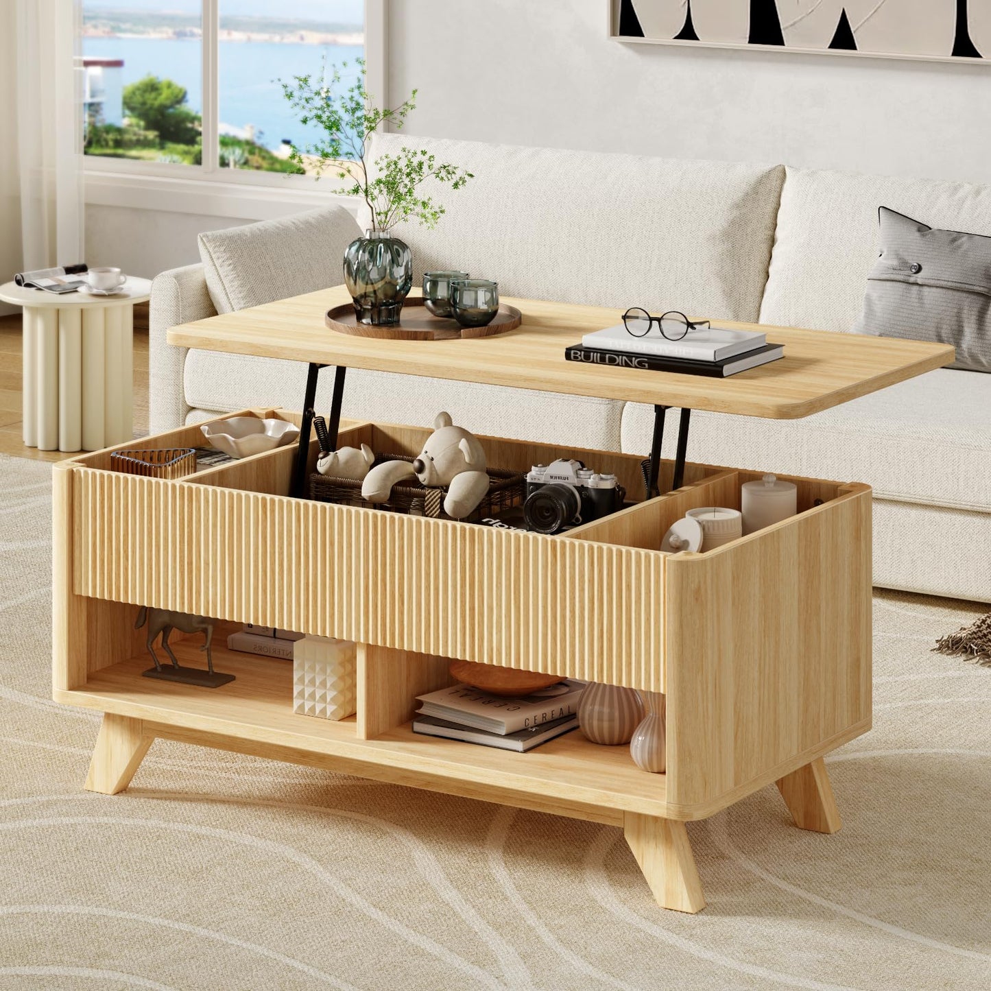 ONBRILL Farmhouse Lift Top Coffee Table, Mid Century Modern Coffee Table with Hidden Storage Compartment, Fluted Rising Pull up Wood Modern Center for Living Room, Office, Natural Oak