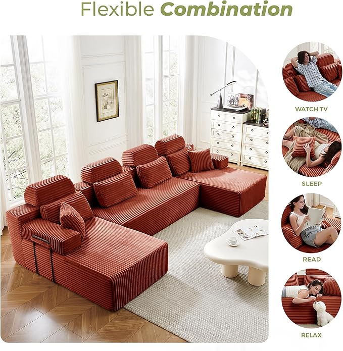 141" U-Shaped Cloud Modular Sectional Sofa with Chaise & Headrest, Boneless Deep Seat Plush Corduroy Couches for Large Living Room, No Assembly Required (Orange, 141" U-shapred Chaise)