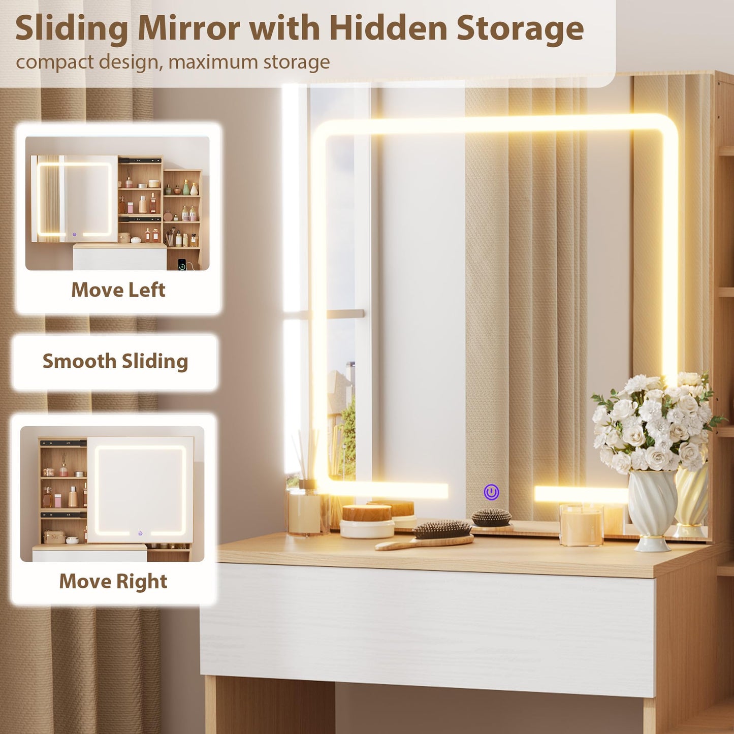 Senfot Nature Vanity Desk With Sliding Mirror and Lights, Modern Makeup Vanity Table With 4 Drawers and 7 Storage Shelves, Dressing Table With Stool and Charging Station, 3 Lighting Modes, for Bedroom