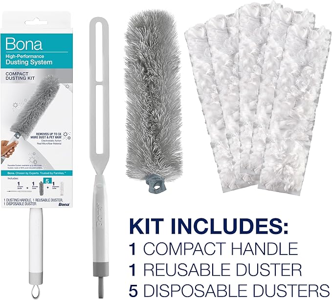 Bona High Performance Dusting System - 1 Compact Handle, 5 Disposable Dusters, & 1 Reusable Duster - Compact Dusting Kit Removes Dust & Pet Hair