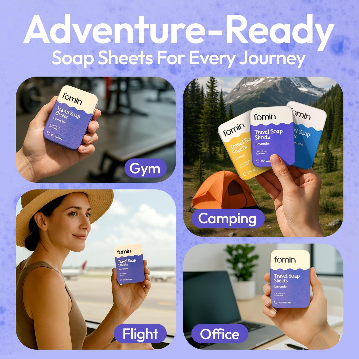 FOMIN - Antibacterial Paper Soap Sheets Tin for Traveling - (300 Sheets) Variety Pack (Unscented, Lemon, Lavender) Portable Trav
