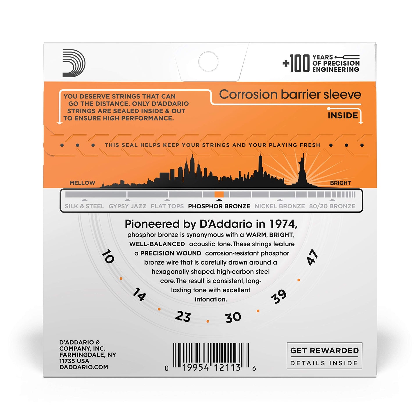 Daddario Acoustic Guitar Strings, Phosphor Bronze, Ej15, Extra Light Gauge 10-47, 6-String Set, Pack Of 1