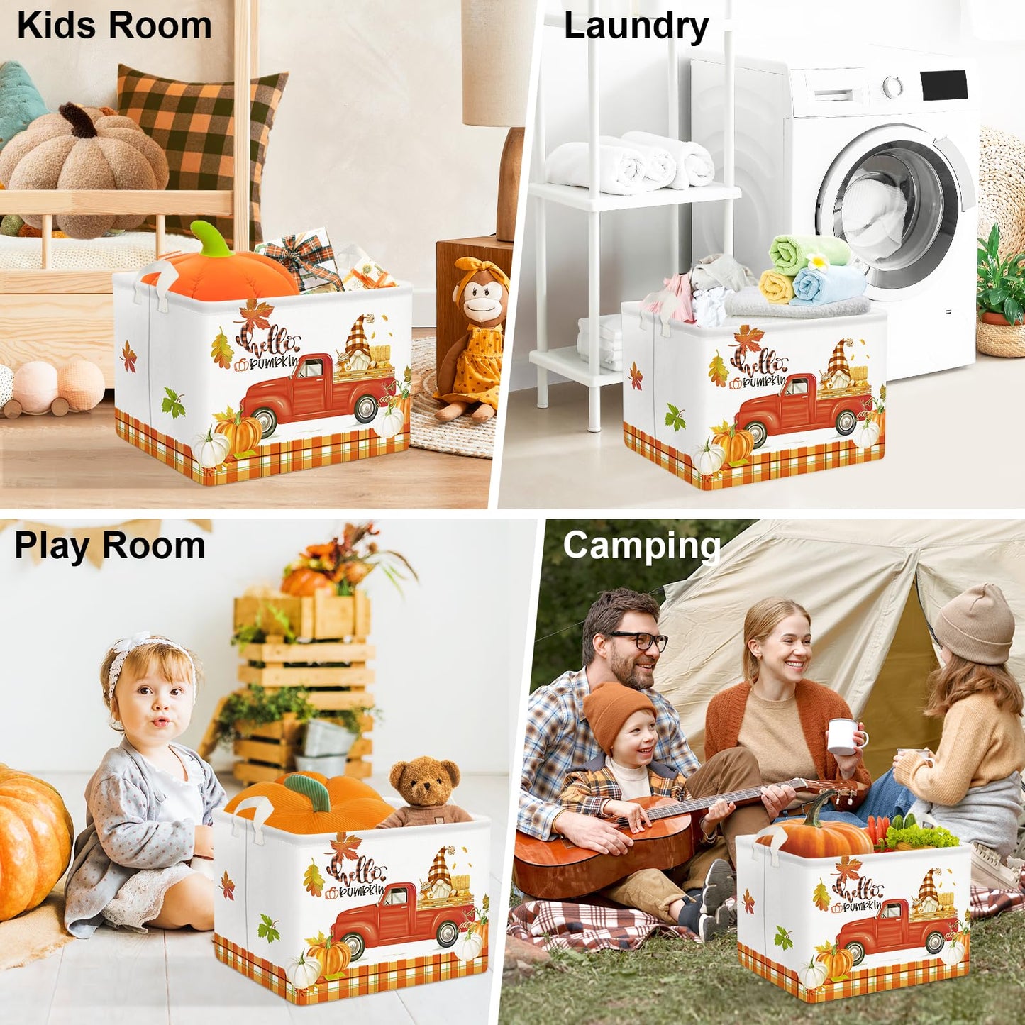 Clastyle Pumpkin Gift Basket Empty Rectangular Foldable Clothes Toy Storage Bin Large Gnome Truck Book Shelf Basket Orange Bull Plaid Harvest Basket