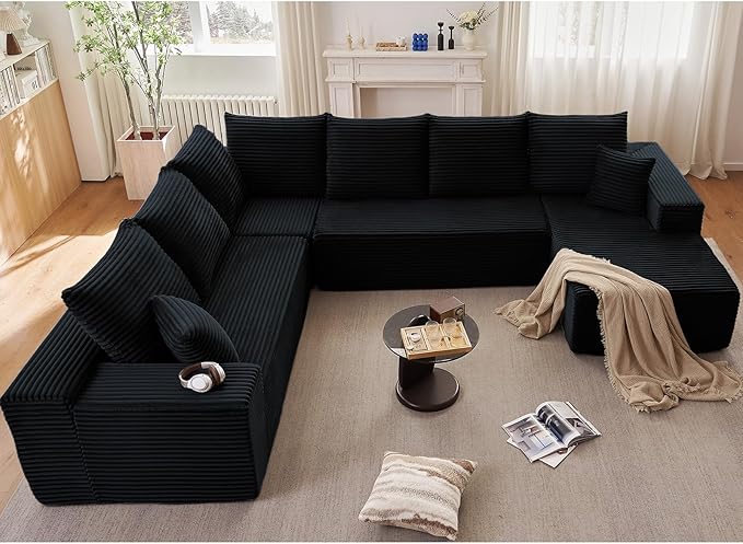 Cloud Sectional Couch with L-Shape Chaise, Modern Modular Comfy Sofa with Deep Seat, Upholstered Corduroy Couches Stupendous U Shaped Sofas for Living Room Bedroom, No Assembly Required, Black
